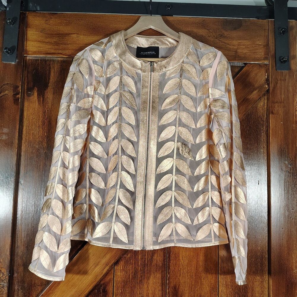 Neiman Marcus The Leather Collection Rose Gold Leaf Mesh Zip Up Jacket Sz M